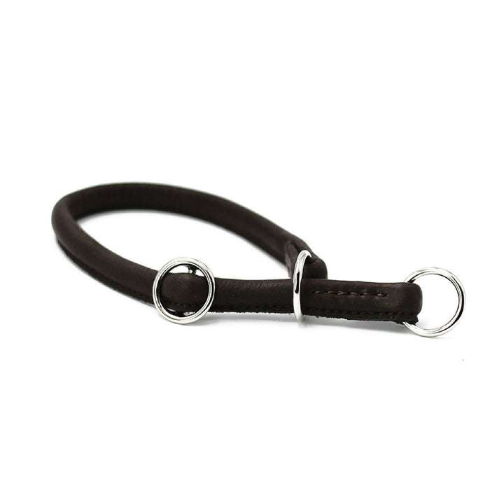 Rundsytt hundhalsband i läder med silverfärgade detaljer